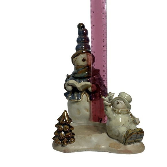 Holiday Candle Holder Set with Snowman Figurine Glazed Ceramic Christmas 2 Piece - Picture 10 of 13